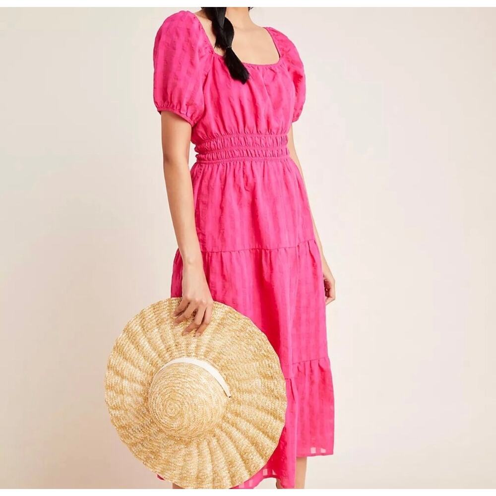 Anthropologie Hot Pink Francesca Cotton Tiered Gingham Midi Dress Size Medium